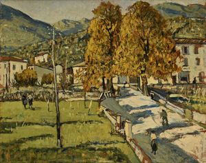 Domenico De Bernardi - Veduta di paese in collina
