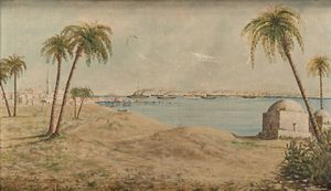 G. Longobardi (Scuola italiana inizi del XX secolo) - Tripoli, 'Dalle tombe dei Karamanli ammirando l'imponente convoglio / 12 ottobre 1911'