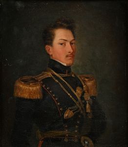 Scuola francese del XIX secolo - 'Ritratto di Ferdinand de Regard de Clermont de Vars, capitano del reggimento cavalleria d'Aosta, nato nel 1808 e ferito a morte nella battaglia di Novara il 23 marzo 1849, morto il 25 aprile 1849'