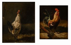 Cimino di Valenzano (Scuola francese del XIX secolo) - Coppia di dipinti raffigurante galli