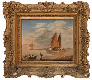 Scuola inglese del XIX secolo : Paesaggio costiero con barche e pescatori  - Asta Dipinti del XIX e XX secolo - Associazione Nazionale - Case d'Asta italiane