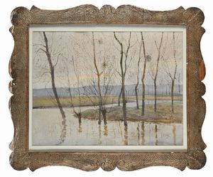 Joseph  Lesage (Scuola francese inizio del XX secolo : Paesaggio fluviale con alberi spogli  - Asta Dipinti del XIX e XX secolo - Associazione Nazionale - Case d'Asta italiane