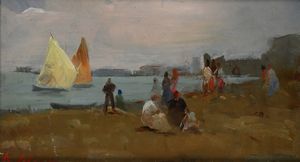 Alfredo Del Sordo - Spiaggia di una città costiera con figure e vele in mare.