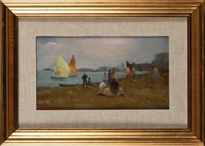 Alfredo Del Sordo : Spiaggia di una citt� costiera con figure e vele in mare.  - Asta Dipinti del XIX e XX secolo - Associazione Nazionale - Case d'Asta italiane