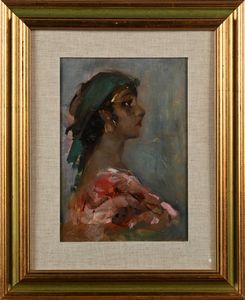 Alfredo Del Sordo : Ritratto di ragazza di profilo con camicia rosa  - Asta Dipinti del XIX e XX secolo - Associazione Nazionale - Case d'Asta italiane