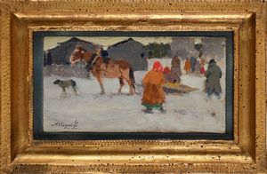 Alessio Issupoff : Scena di vita nel villaggio innevato  - Asta Dipinti del XIX e XX secolo - Associazione Nazionale - Case d'Asta italiane
