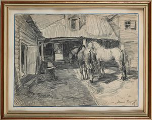 Alessio Issupoff : Cavalli nel cortile  - Asta Dipinti del XIX e XX secolo - Associazione Nazionale - Case d'Asta italiane