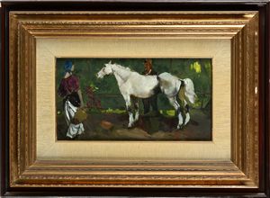 Alfredo Del Sordo : Coppia di contadini in sosta con un cavallo bianco  - Asta Dipinti del XIX e XX secolo - Associazione Nazionale - Case d'Asta italiane