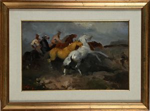 Alfredo Del Sordo : Butteri e cavalli al galoppo  - Asta Dipinti del XIX e XX secolo - Associazione Nazionale - Case d'Asta italiane