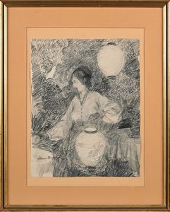 Alessio Issupoff : Giovane donna tra le lanterne luminose  - Asta Dipinti del XIX e XX secolo - Associazione Nazionale - Case d'Asta italiane