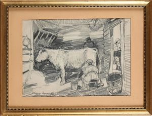 Alessio Issupoff : La mungitura nella stalla  - Asta Dipinti del XIX e XX secolo - Associazione Nazionale - Case d'Asta italiane