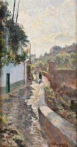 Attilio Pratella - Capri, passanti sulla stradina assolata