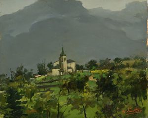 Antonio Privitera - Paesaggio collinare con chiesetta