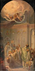 S. Cozzolino (Scuola italiana fine XX inizi XX secolo) - Radegonda ottiene in dono dall’imperatore di Costantinopoli Giustino II un frammento della reliquia della Croce