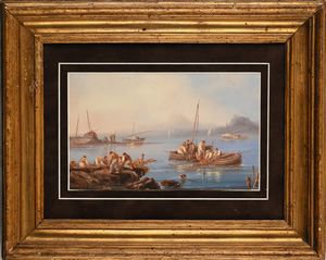Salvatore Fergola : Pescatori e barche vicino agli approdi  - Asta Dipinti del XIX e XX secolo - Associazione Nazionale - Case d'Asta italiane