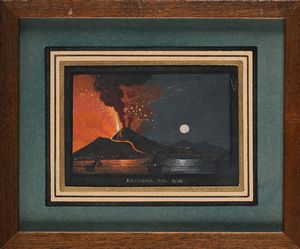 Scuola napoletana del XIX secolo : a) Veduta di Napoli da mare con barche di pescatori e velieri; b) 'ERUZIONE DEL 1804'  - Asta Dipinti del XIX e XX secolo - Associazione Nazionale - Case d'Asta italiane