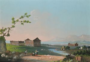 Scuola napoletana del XIX secolo - Pestum, veduta degli antichi templi e della costa con viandanti in sosta
