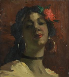 Antonio Privitera - Ritratto di giovane donna con fiore tra i capelli