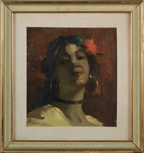 Antonio Privitera : Ritratto di giovane donna con fiore tra i capelli  - Asta Dipinti del XIX e XX secolo - Associazione Nazionale - Case d'Asta italiane