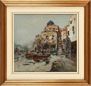 Ezelino Briante : Scorcio di borgo costiero con barche in secca  - Asta Dipinti del XIX e XX secolo - Associazione Nazionale - Case d'Asta italiane