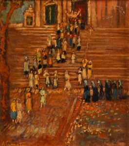Antonio Cannata - Donne in una processione che esce dalla chiesa