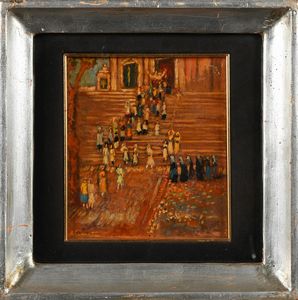 Antonio Cannata : Donne in una processione che esce dalla chiesa  - Asta Dipinti del XIX e XX secolo - Associazione Nazionale - Case d'Asta italiane