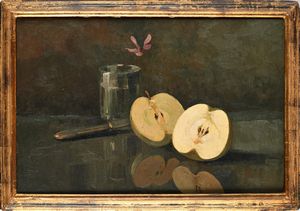 Dante Ricci : Natura morta con due mele, coltello e fiore in un bicchiere.  - Asta Dipinti del XIX e XX secolo - Associazione Nazionale - Case d'Asta italiane