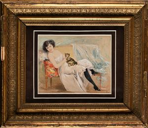 Pietro Scoppetta : Giovane donna in un interno con un gatto  - Asta Dipinti del XIX e XX secolo - Associazione Nazionale - Case d'Asta italiane