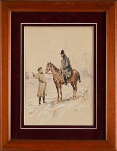 Pietro Scoppetta : Scena con militare a cavallo (tavola per un' illustrazione)  - Asta Dipinti del XIX e XX secolo - Associazione Nazionale - Case d'Asta italiane