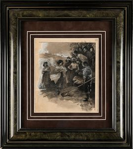 Francesco Galante : Tavola per illustrazione di �Racconti della Steppa� (La nuova arrivata tra i compaesani)  - Asta Dipinti del XIX e XX secolo - Associazione Nazionale - Case d'Asta italiane