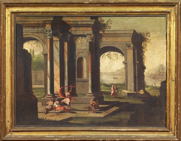 Viviano Codazzi (ambito di) : Paesaggio con architetture, figure e una danzatrice  - Asta Importanti Dipinti Antichi - Associazione Nazionale - Case d'Asta italiane