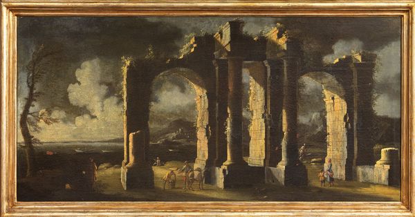 Viviano Codazzi (ambito di) : Paesaggio marino con ruderi di architetture e figure  - Asta Importanti Dipinti Antichi - Associazione Nazionale - Case d'Asta italiane