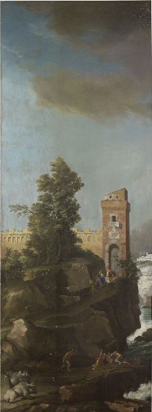 Scuola francese del XVIII secolo : Paesaggio roccioso con torre e figure  - Asta Importanti Dipinti Antichi - Associazione Nazionale - Case d'Asta italiane