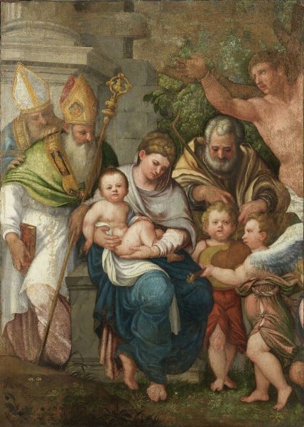 Paolo Caliari detto il Veronese (cerchia di) : Madonna col Bambino, San Giuseppe e Santi  - Asta Importanti Dipinti Antichi - Associazione Nazionale - Case d'Asta italiane