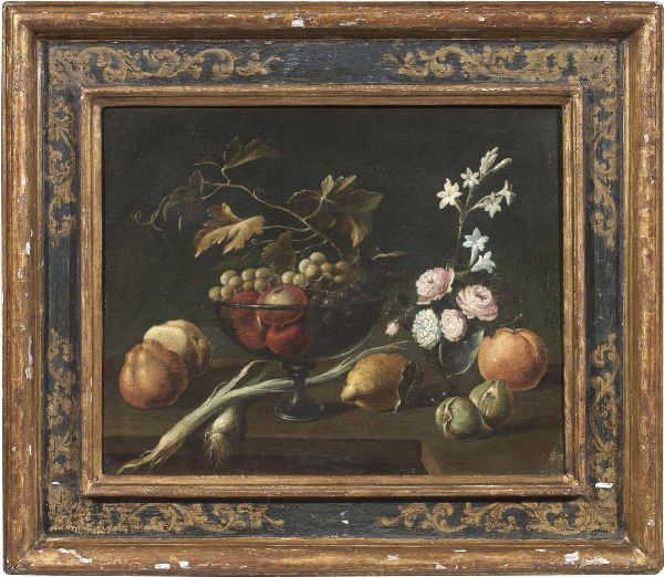 SCUOLA ROMANA DEL XVII SECOLO : Natura morta con frutta e fiori  - Asta Importanti Dipinti Antichi - Associazione Nazionale - Case d'Asta italiane