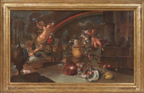 Scuola fiamminga del XVII secolo : �Natura morta allegorica con paesaggio e arcobaleno� e �Natura morta allegorica con rovine achitettoniche e figura femminile alata�  - Asta Importanti Dipinti Antichi - Associazione Nazionale - Case d'Asta italiane