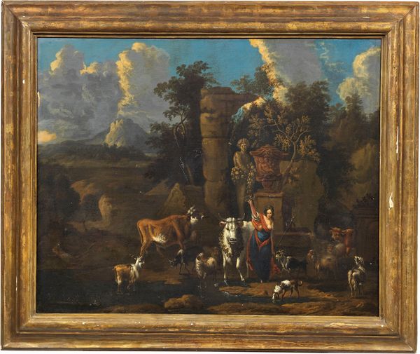Pittore fiammingo del XVIII secolo attivo in Italia : Scena arcadica con omaggio alla statua di Bacco  - Asta Importanti Dipinti Antichi - Associazione Nazionale - Case d'Asta italiane