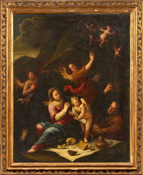 Scuola emiliana del XVII secolo : Sacra Famiglia con Angeli e natura morta  - Asta Importanti Dipinti Antichi - Associazione Nazionale - Case d'Asta italiane