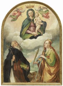 Scuola Italia centrale fine XVI secolo - Madonna incoronata con Santa Caterina d'Alessandria e Sant'Antonio Abate