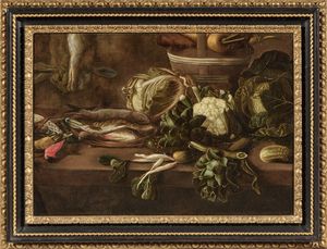 Scuola Italia settentrionale del XVII secolo - Natura morta con pesci e ortaggi