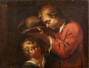 Pittore fiammingo inizio XVIII secolo - Ragazzo che beve dal cappello (Allegoria della Sete)