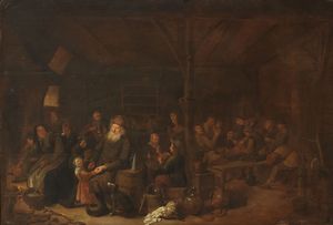 Scuola fiamminga del XVII secolo - Interno di locanda con scene di vita