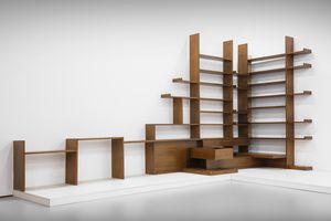 MANIFATTURA ITALIANA - Grande libreria angolare con ripiani, stipi e cassetti