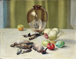 Ugo Celada da Virgilio - Natura morta con vaso, ciotola e uccelli