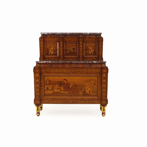 Cassettone con alzata in legno lastronato e intarsiato. XX secolo  - Asta Antiquariato - Associazione Nazionale - Case d'Asta italiane