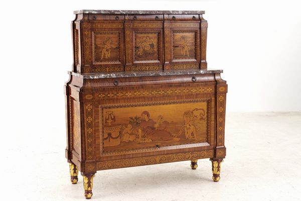 Cassettone con alzata in legno lastronato e intarsiato. XX secolo  - Asta Antiquariato - Associazione Nazionale - Case d'Asta italiane