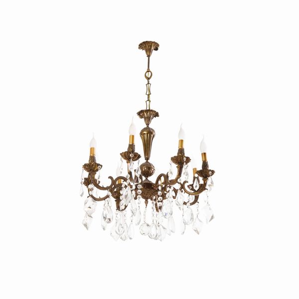 Lampadario a 12 luci in ottone e cristalli  - Asta Antiquariato - Associazione Nazionale - Case d'Asta italiane