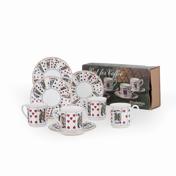 Set elisabettiano di quattro tazze e piattini di demeritasse in porcellana fine Staffordshire, entro scatola originale  - Asta Antiquariato - Associazione Nazionale - Case d'Asta italiane