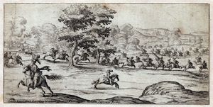 Ercole Bazzicaluva - Scena di cavalleria in un paesaggio con alberi