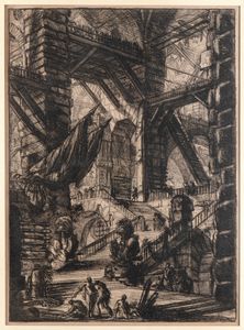 GIOVANNI BATTISTA PIRANESI - Scalone con trofei e due bandiere, dalla serie Carceri